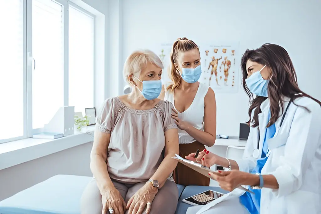 Female doctor consulting with patients.
