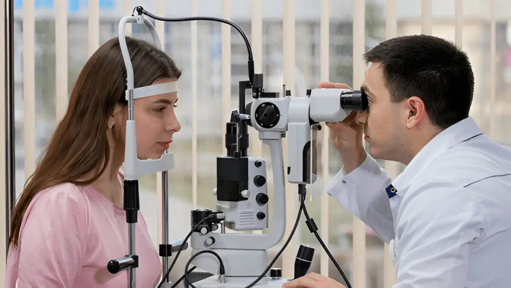 Female patient having eye exam.