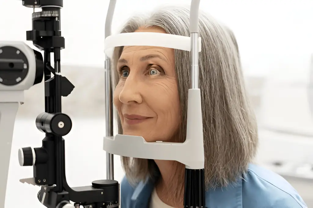Older woman having an eye exam.