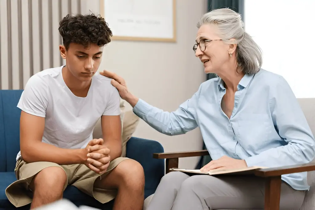 Counselor comforts distressed young man.