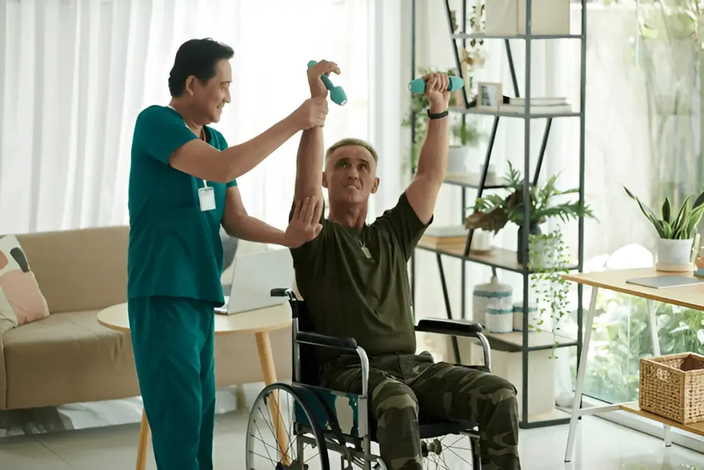 Disabled veteran physical therapy exercise.