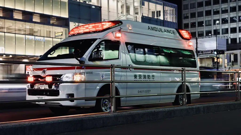 Ambulance with flashing lights at night.