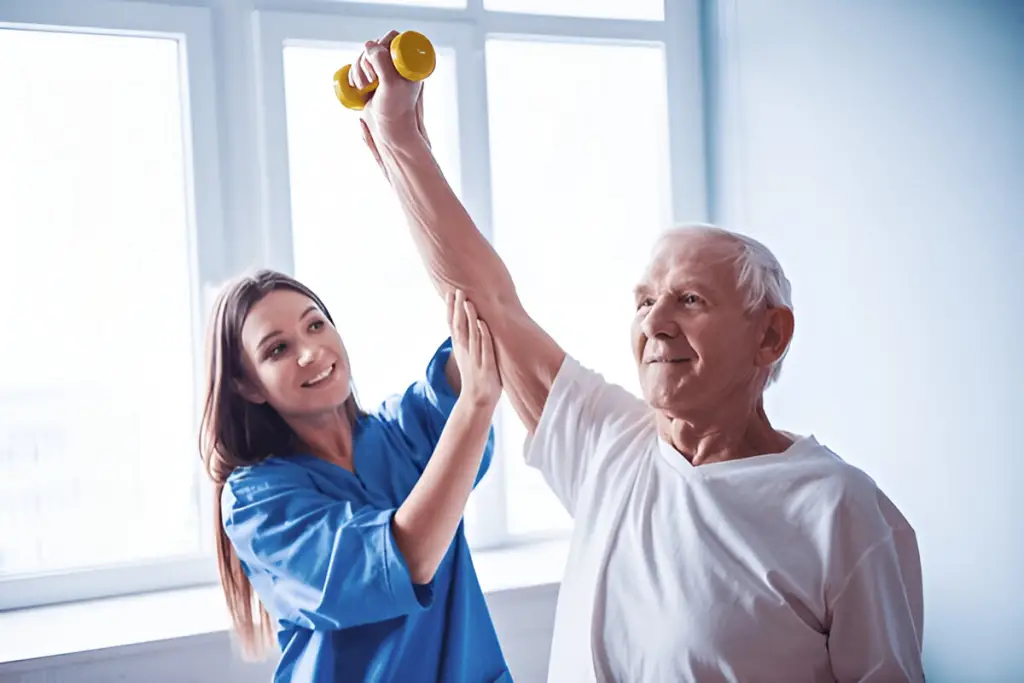 Physiotherapist helps man lift weights Medicaid application for seniors