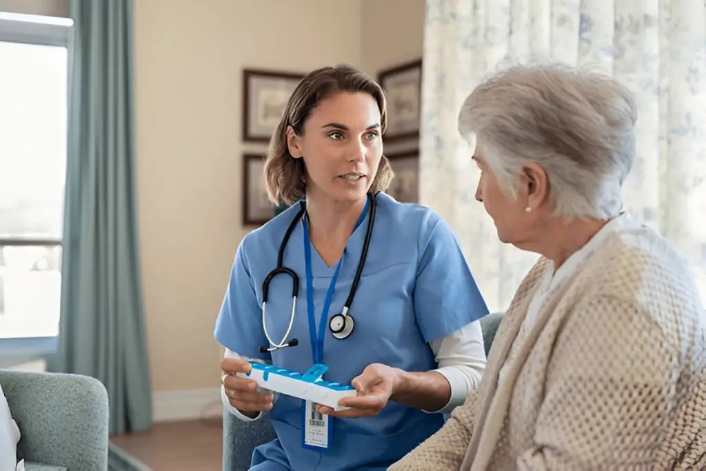 Nurse gives medication to senior.