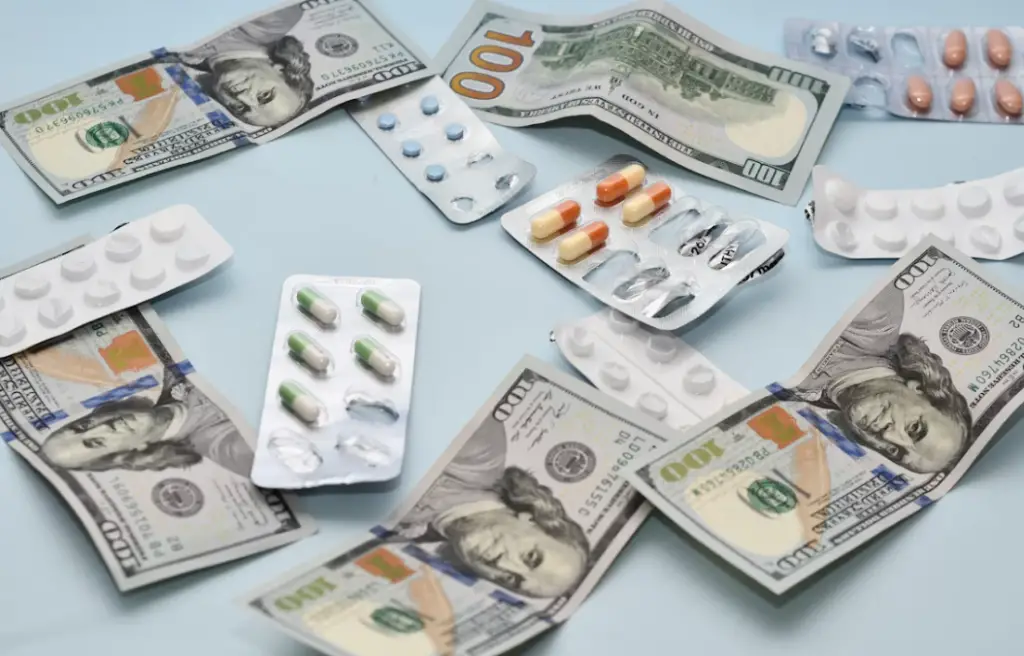 Pharmaceuticals scattered with US currency