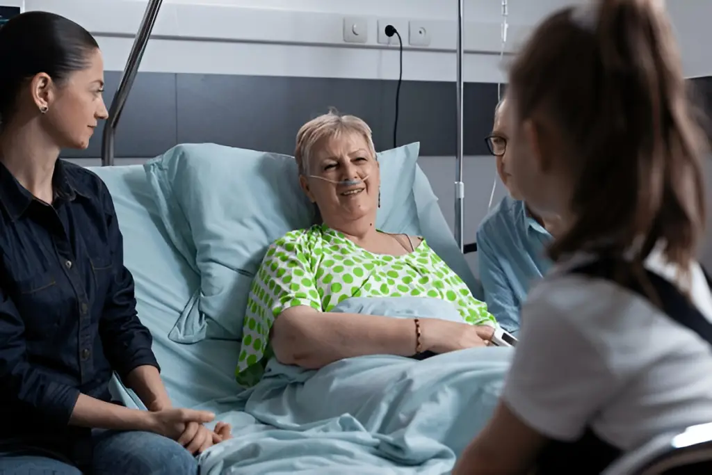 Family visits happy hospital patient.