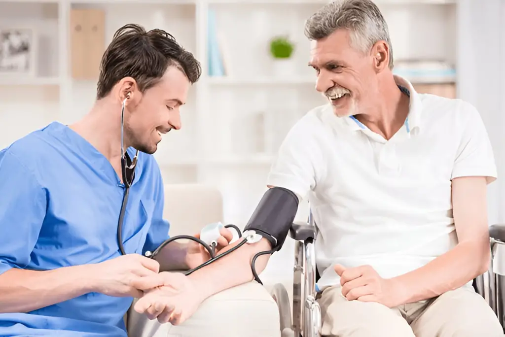 Nurse taking man's blood pressure.