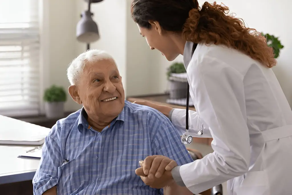 Doctor reassures smiling senior man.