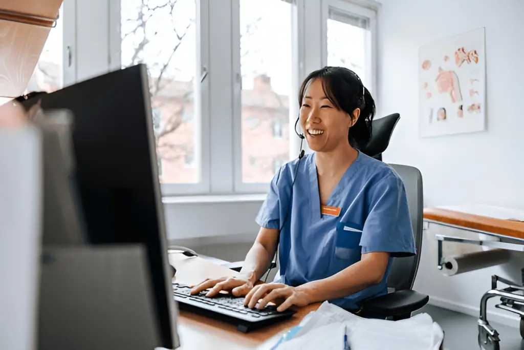 Smiling nurse types at computer.