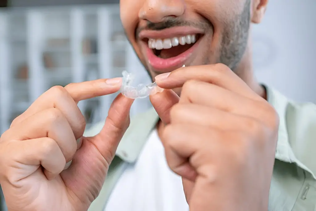 Man holds clear teeth aligner.