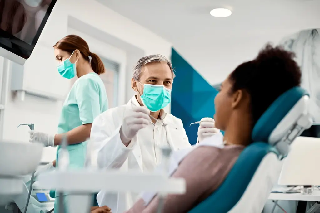 Dentist examining woman with assistant.