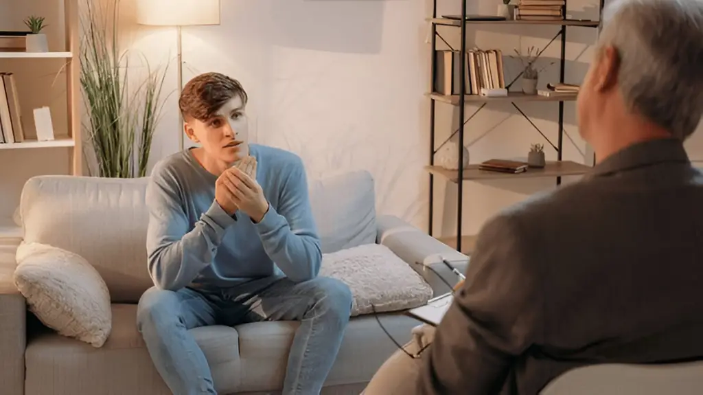 Young man talking to therapist.