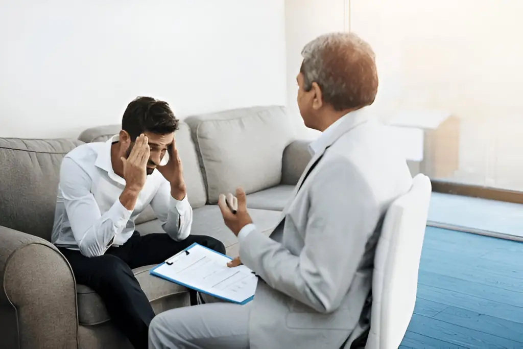 Man with head in hands talking to therapist.
