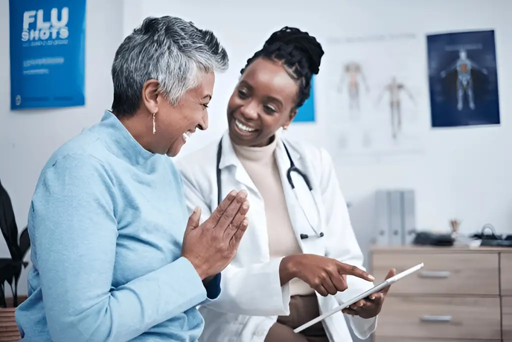 Happy patient and doctor discussing results.