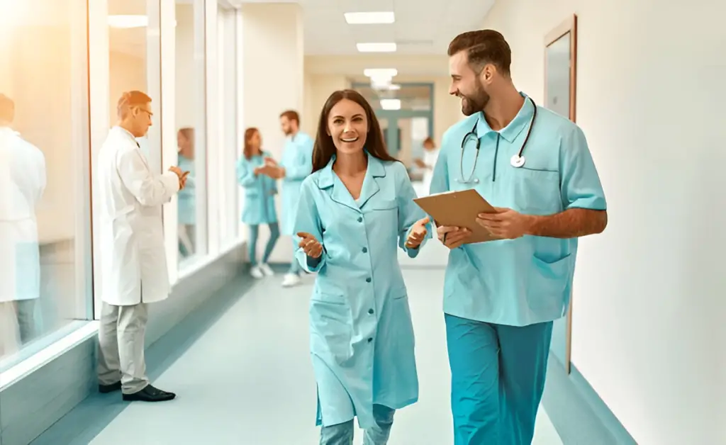 Smiling doctors walking hospital hallway.