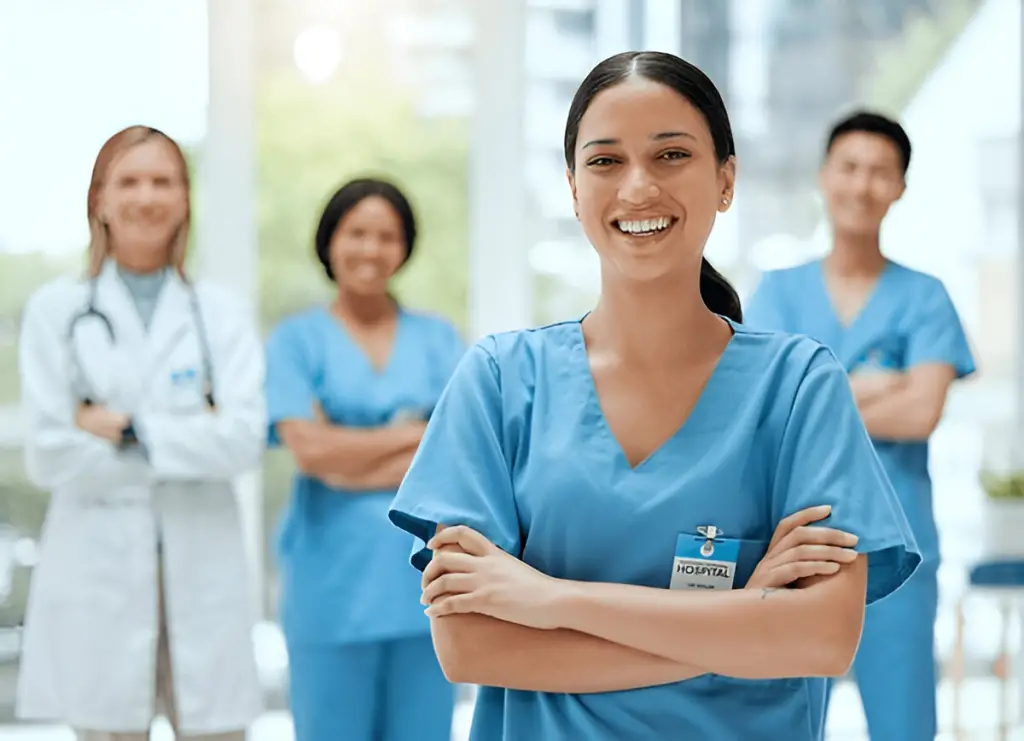 Smiling medical staff team portrait.