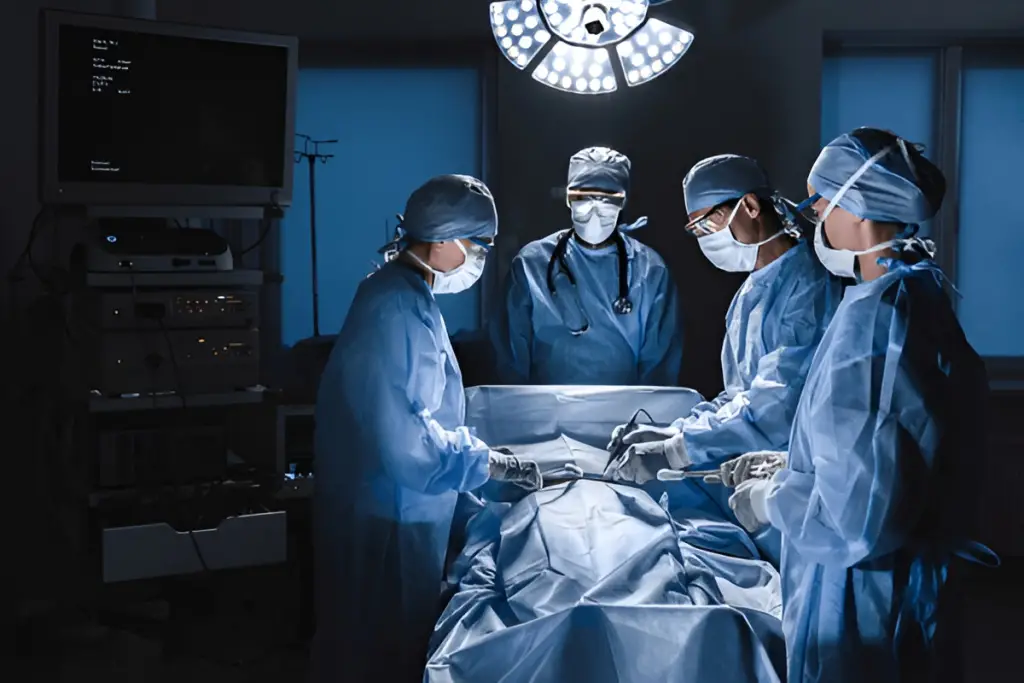 Surgeons performing operation in dark operating room.