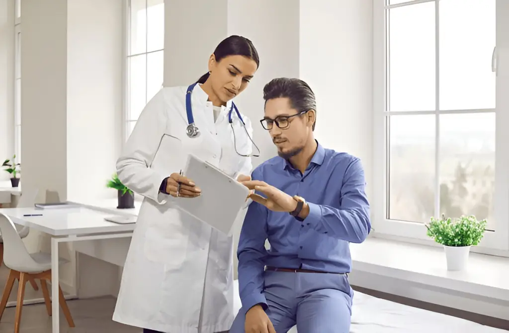Doctor and patient reviewing paperwork.