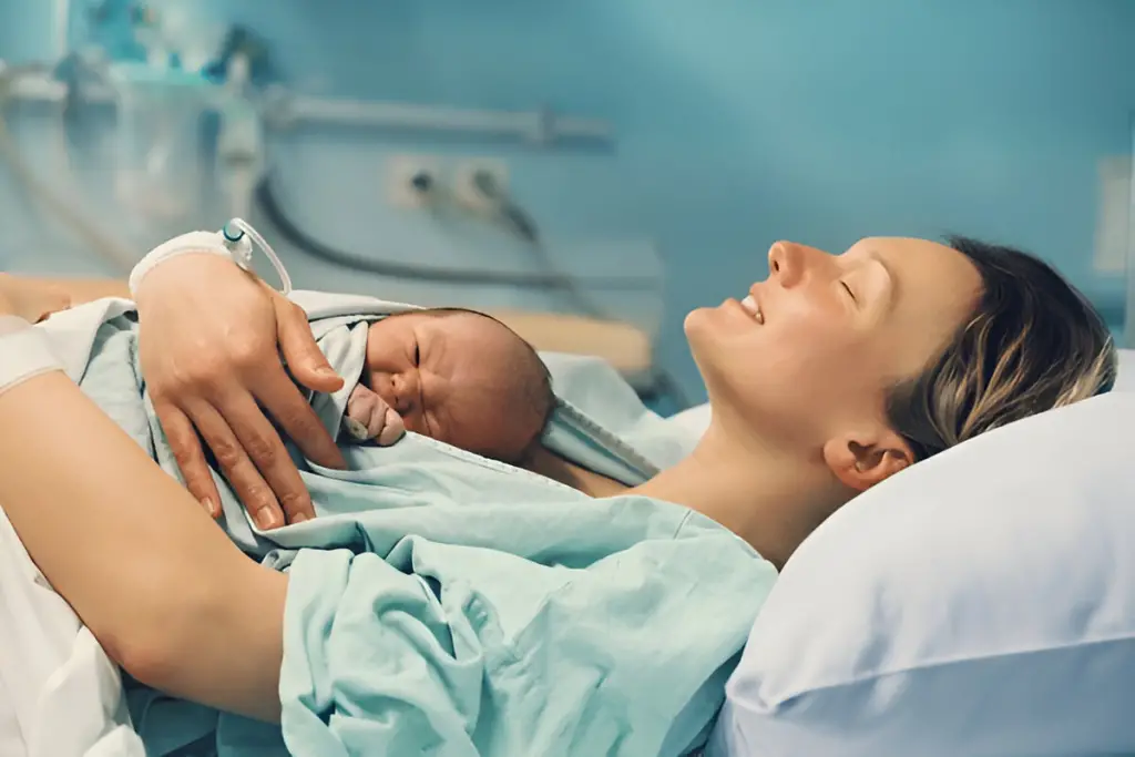 Mother holding newborn baby skin-to-skin.