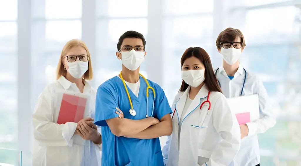 Diverse team of medical professionals wearing masks.