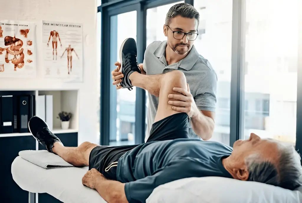Physical therapist stretches patient's leg - Medicaid for disabled adults