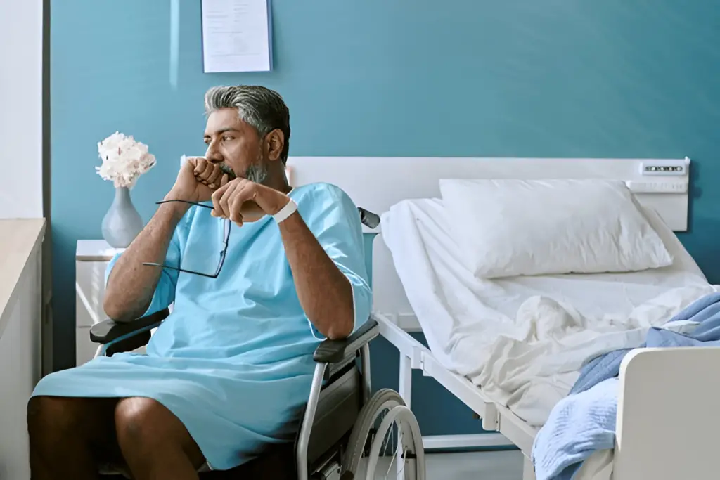 Pensive male patient in wheelchair.