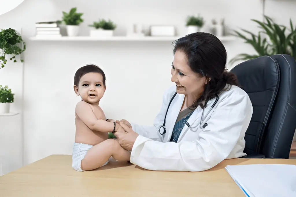 Smiling doctor with baby patient - Medicaid eligibility for children.