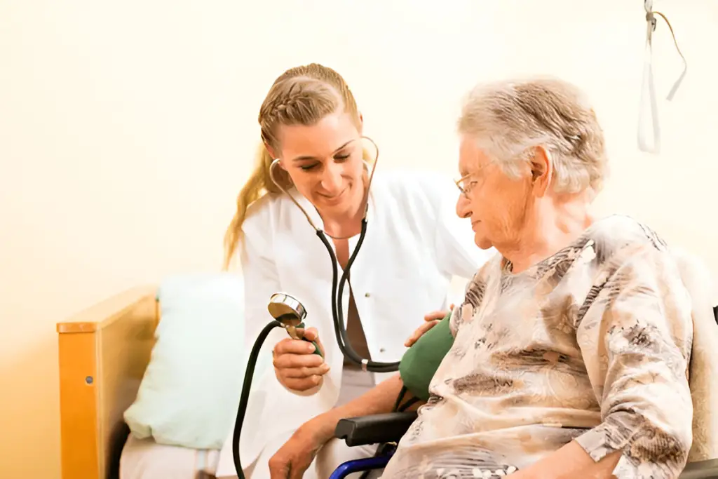 Nurse checking elderly patient's blood pressure